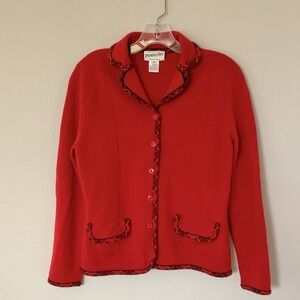 Pendleton Women's Merino Wool Cardigan Sweater Jacket Medium Red Plaid Trim
